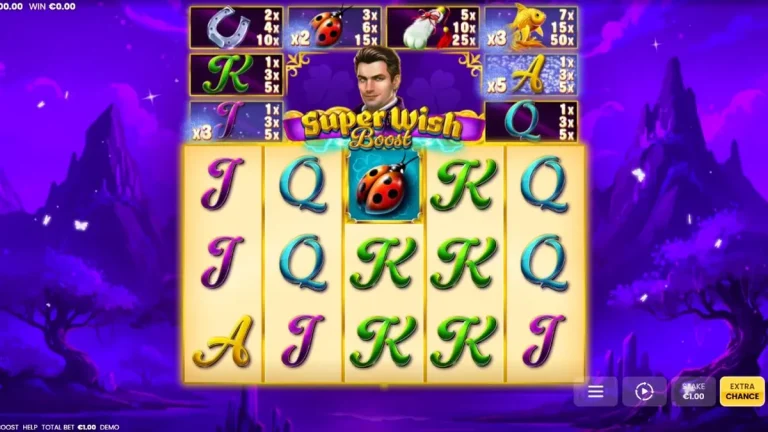 Tampilan visual slot Super Wish Boost dengan tema fantasi dan simbol keberuntungan