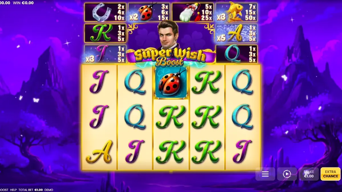 Tampilan visual slot Super Wish Boost dengan tema fantasi dan simbol keberuntungan