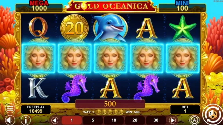 Pemandangan bawah laut yang memukau dalam slot Gold Oceanica dengan simbol dewi dan makhluk laut.