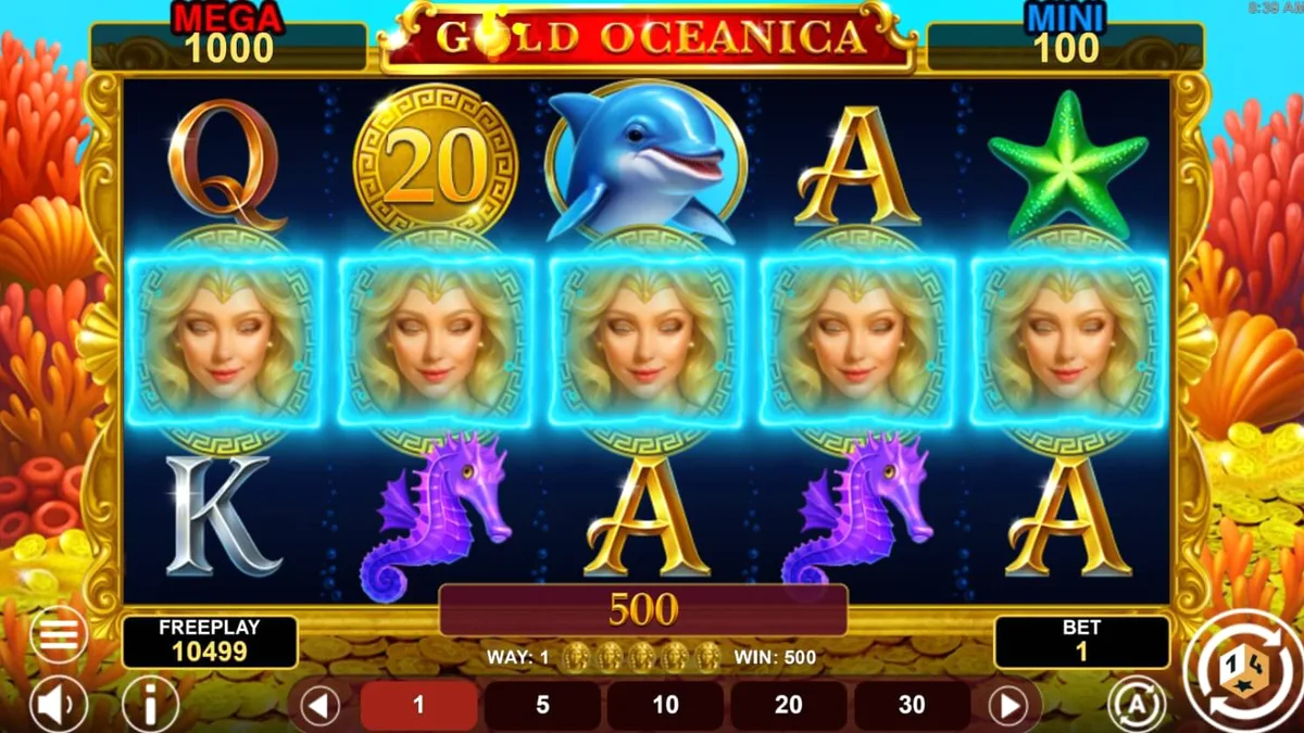 Pemandangan bawah laut yang memukau dalam slot Gold Oceanica dengan simbol dewi dan makhluk laut.