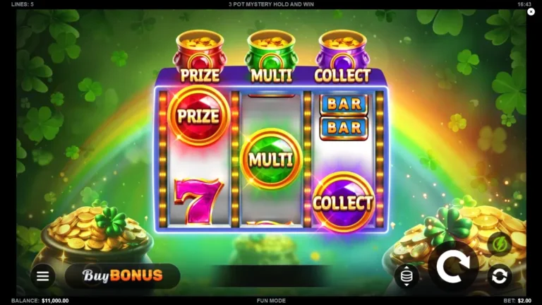 Tampilan visual slot 3 Pot Mystery Hold and Win dengan tema tambang emas