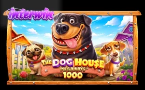 Tampilan visual slot The Dog House Megaways 1000 dengan latar belakang pedesaan